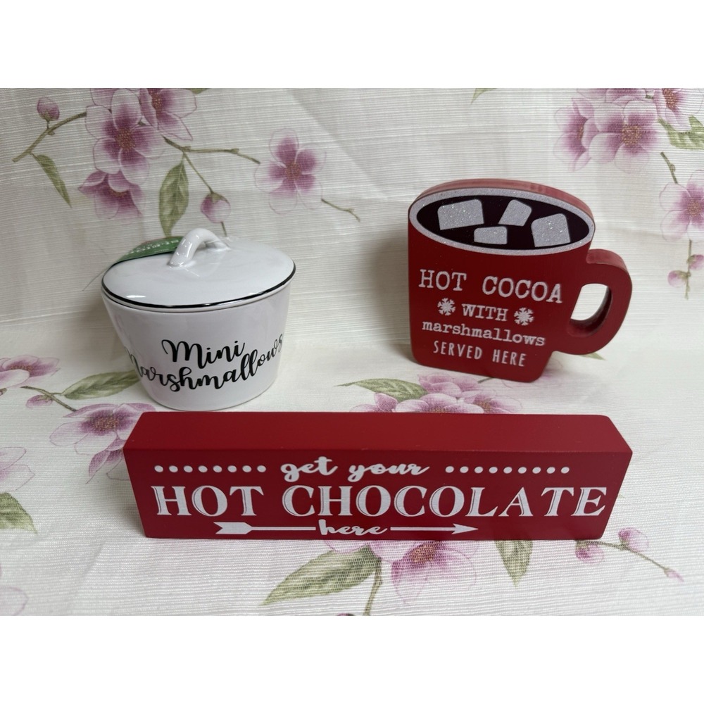 Hot Cocoa Christmas Decor Set Mini Marshmallows Bowl Signs Sleigh Bell Bistro